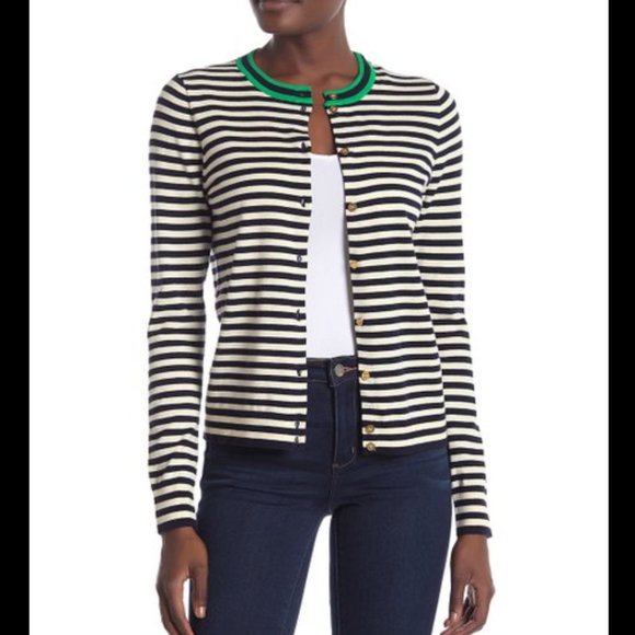 J. Crew Sweaters - NEW J. Crew Tipped Caryn Striped Cardigan in Navy/Ivory/Green - size XS!